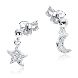 Moon And Star Designed With CZ Stone Silver Ear Stud STS-5539